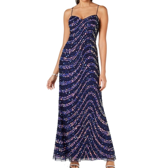 Adrianna Papell Spaghetti Sweetheart Navy Sequin Maxi Dress - Picture 2 of 15